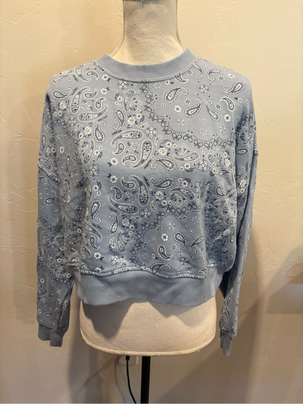 aerie Light Blue Paisley Crewneck Sweater